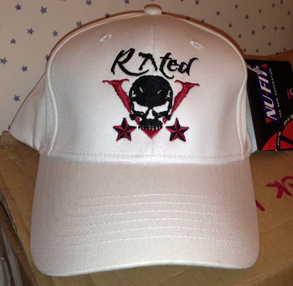Rated V white fitted baseball cap | Velvet Sky 