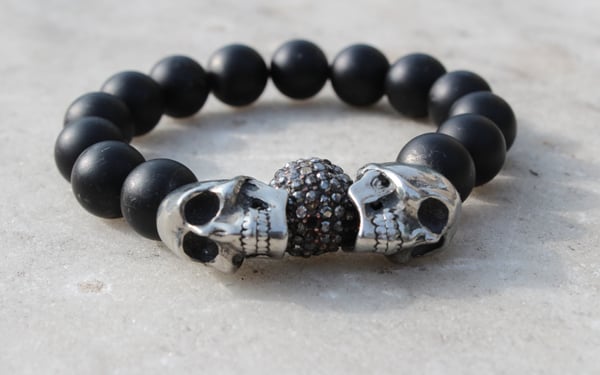 Image of Matte Black w/ Swarovski Crystal Two Skull Bracelet