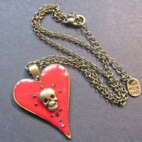 Image 2 of Red Halo Skullie Heart Bronze Pendant