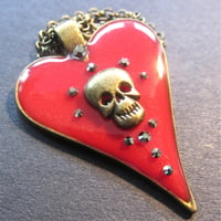 Image 1 of Red Halo Skullie Heart Bronze Pendant