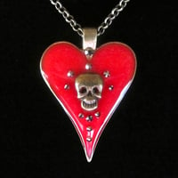 Image 3 of Red Halo Skullie Heart Bronze Pendant