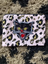 Image 1 of Black Cat Clutch Purse with baby pink leopard print