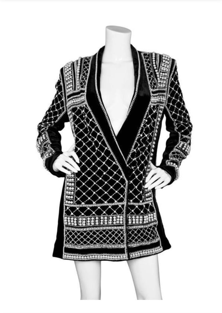 Image of BALMAIN x HM BLACK VELVET EMBELLISHED BLAZER DRESS (US 10/EU 40)