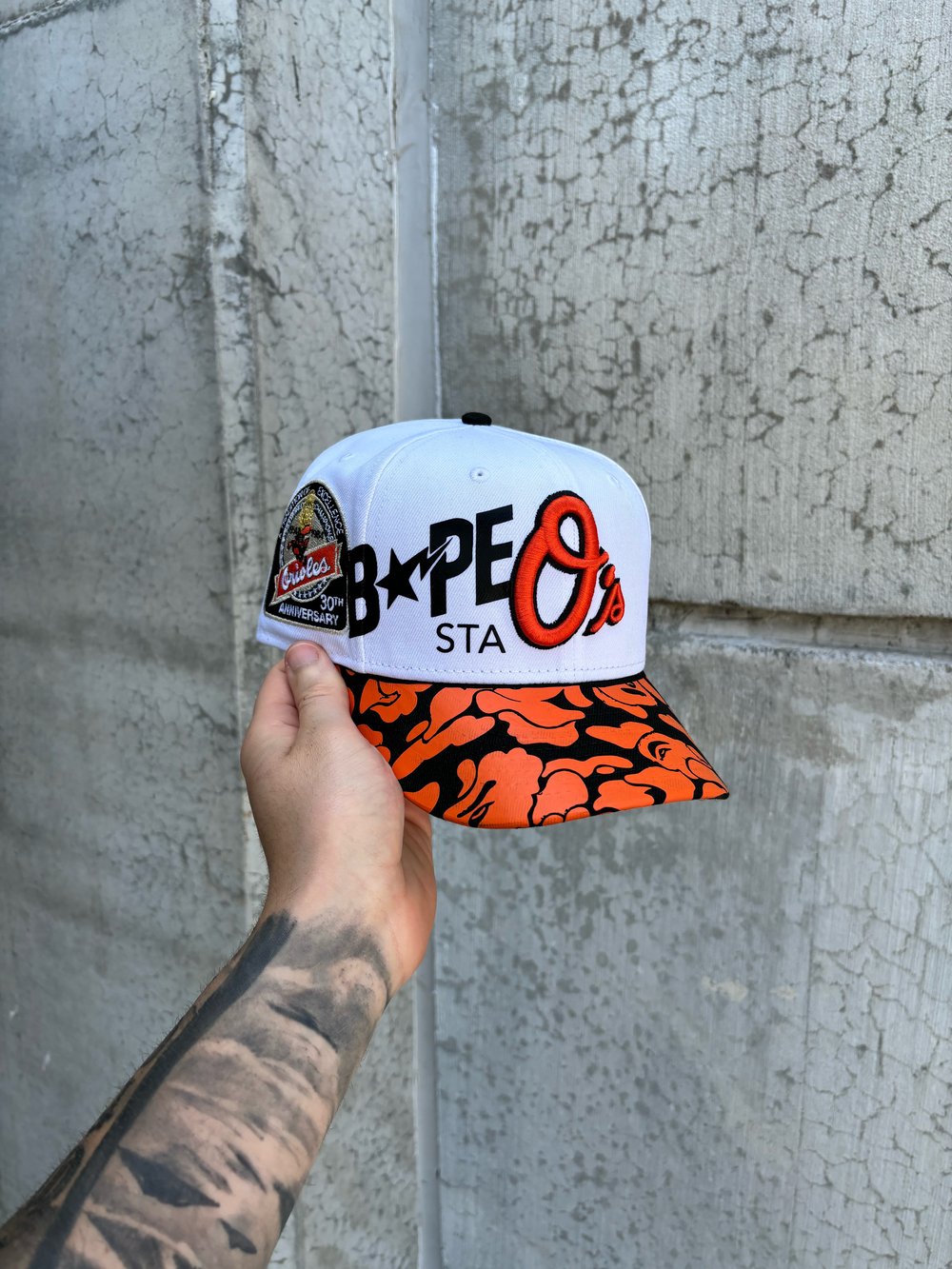 Image of TRI TONE WHITE ORANGE BALTIMORE ORIOLES CUSTOM FITTED CAP