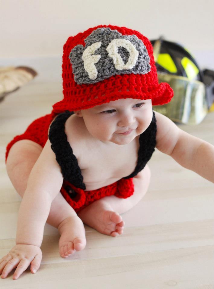 Image of Crochet Firefighter Inspired Outfit - Baby Boy, Baby Girl - Hat, Diaper Cover - Photo Prop