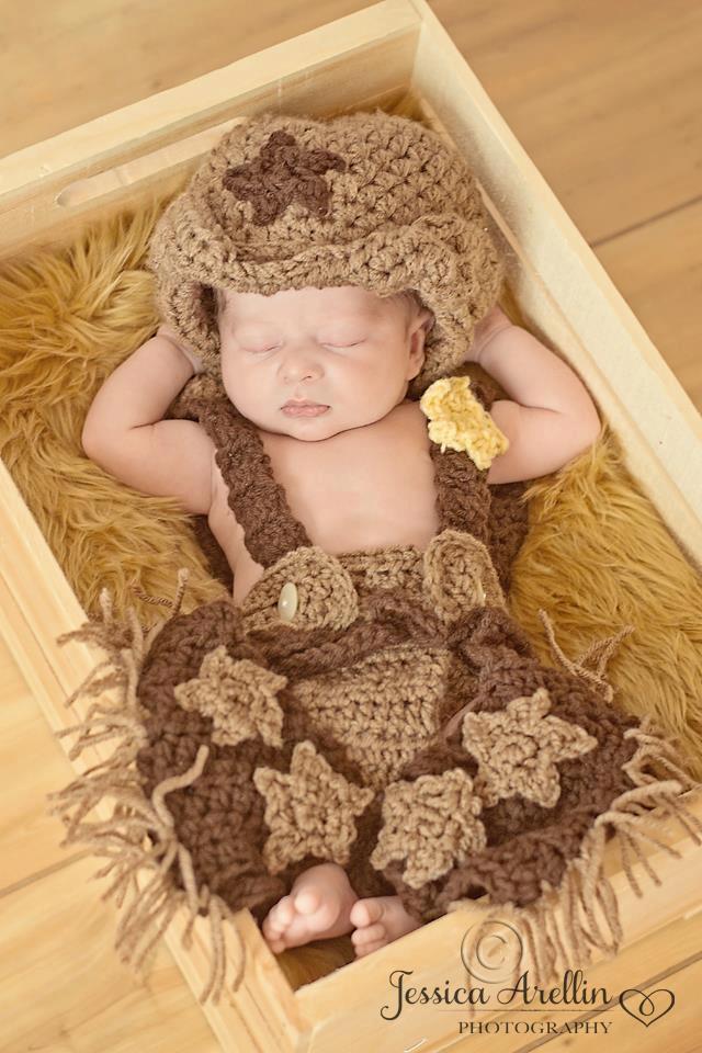 Image of Crochet Cowboy Outfit - Cowboy Hat, Diaper Corver, Suspenders, Chaps - Photo Prop