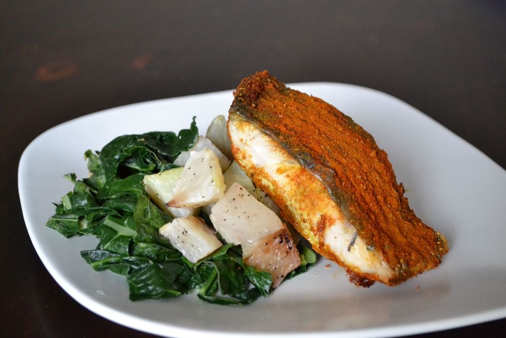 Image of Moroccan-spiced Barramundi with Roast Kohlrabi and Sauteed Silverbeet.