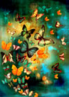 Lily Greenwood Signed Giclée Print - Butterflies on Blues/Greens - A2 - Limited Edition