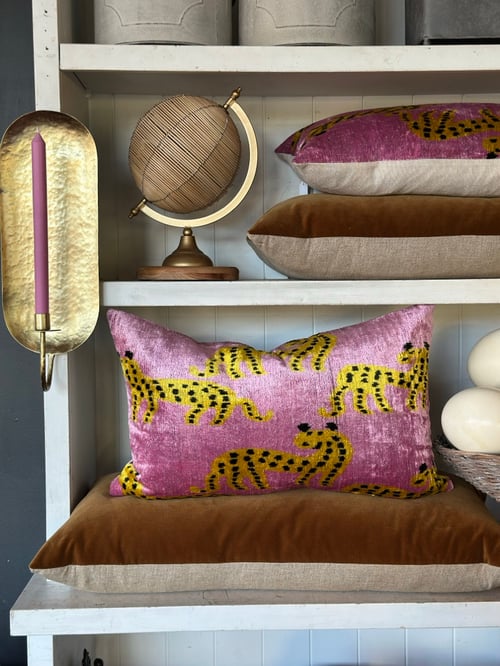 Image of Pink Cheetah Ikat Velvet Cushion