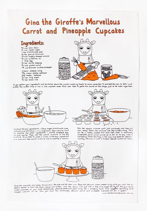 Image of Gina the Giraffe's Marvellous Carrot and Pineapple Cupcakes - Tea Towel