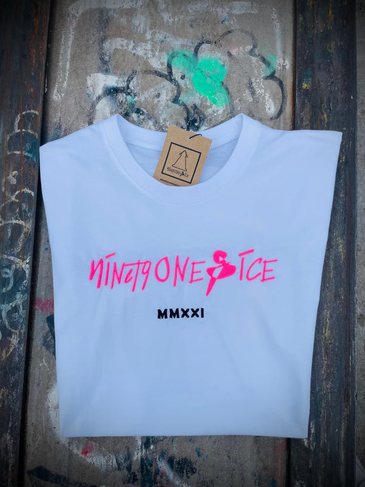 Image of White/Neon Pink Script Tee