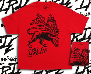 Image of IRIE NATION IRIE.FM LION OF JUDAH IN RED, GOLD GREEN T-SHIRT