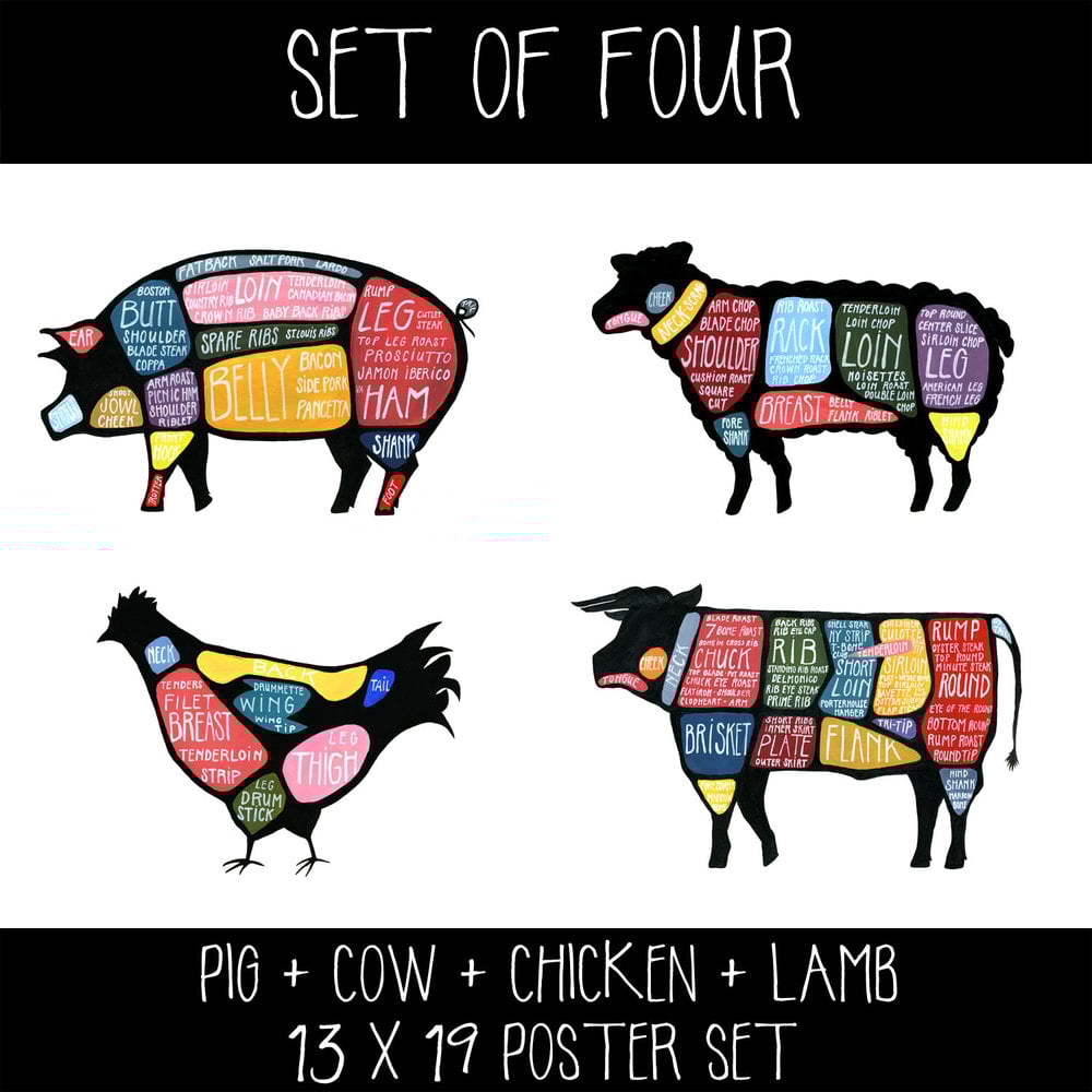 Set of FOUR - Cow, Pig, Chicken and Lamb Butchery Diagram Prints