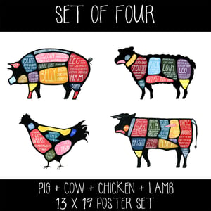 Set of FOUR - Cow, Pig, Chicken and Lamb Butchery Diagram Prints by Alyson Thomas of Drywell Art. Available at shop.drywellart.com