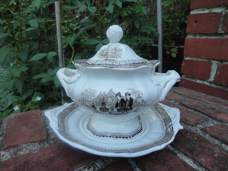 Image of Rare "Penn's Treaty" Brown Transferware Sauce Tureen