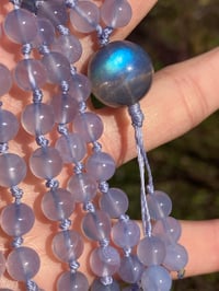 Image 4 of Blue Chalcedony Mala with Labradorite Guru Bead, Blue Chalcedony 108 Bead Japa Mala Hand Knotted