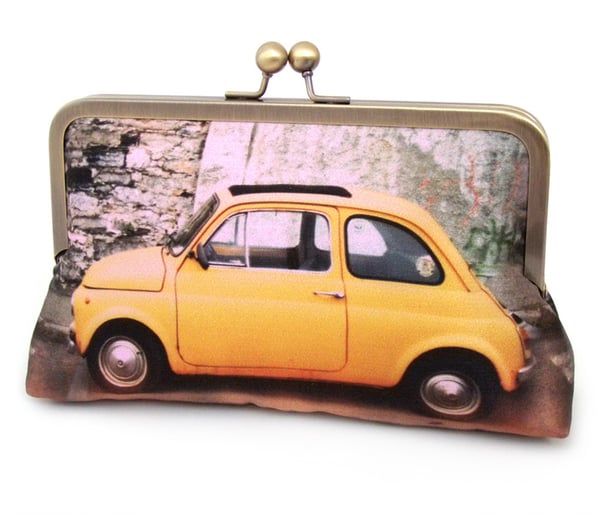 Image of Yellow Fiat car, printed silk clutch bag + chain handle