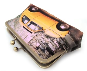 Image of Yellow Fiat car, printed silk clutch bag + chain handle