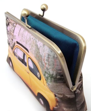 Image of Yellow Fiat car, printed silk clutch bag + chain handle