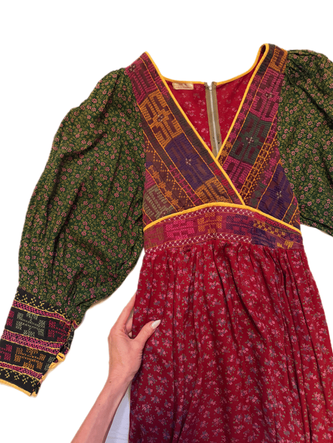 1970s Afghani hand crafted embroidered poet sleeve bohemian dress