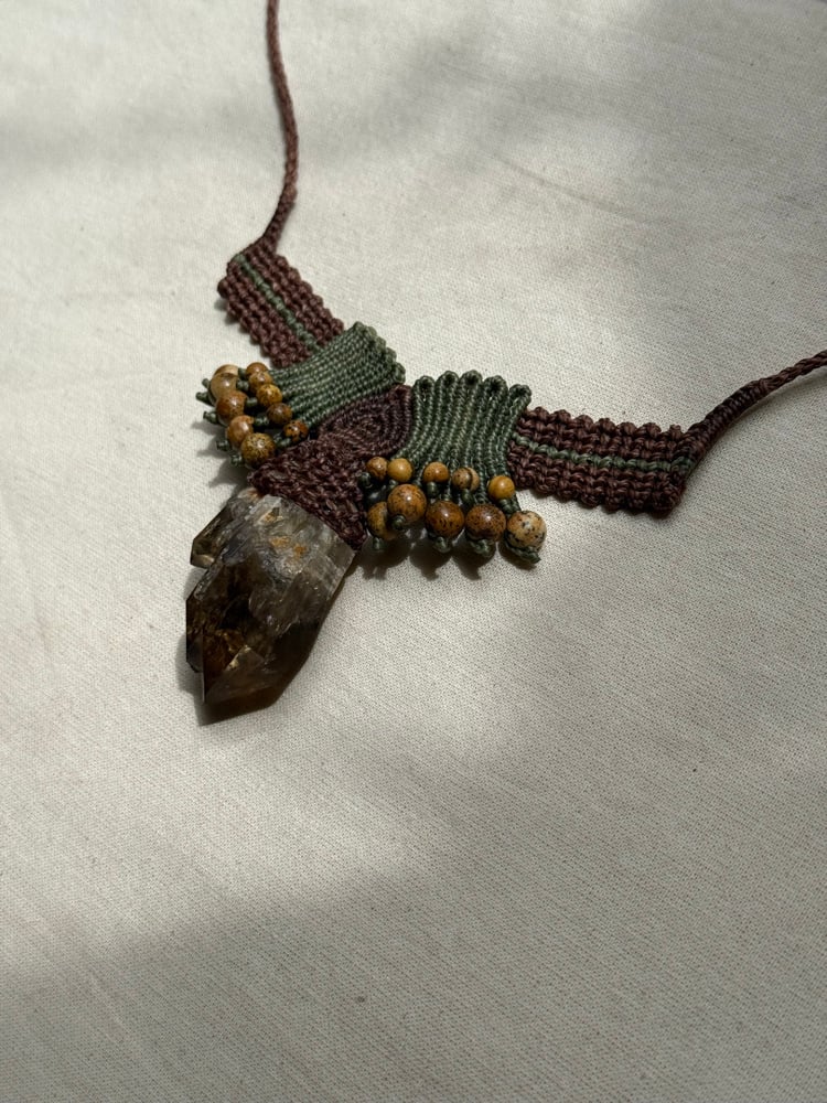 Image of Macrame necklace with smokey citrine and picture jasper beads