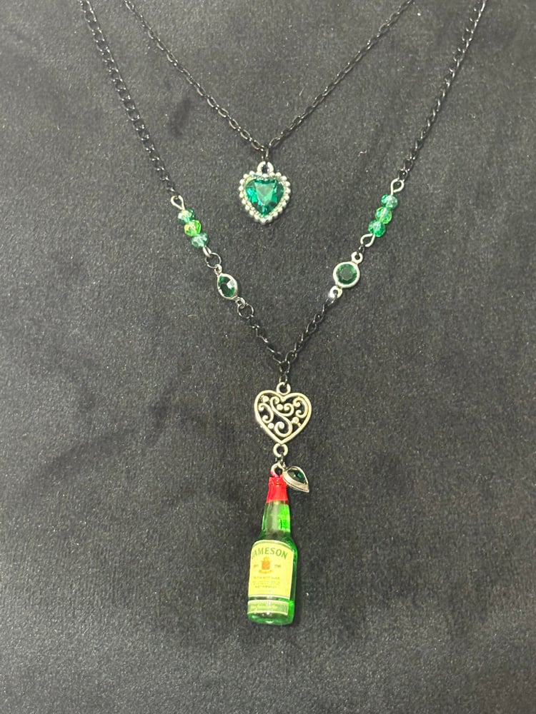 Image of Green Heart and Jameson whiskey Bottle and hearts Charm Necklace 