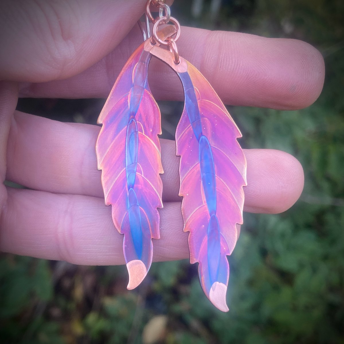 Flame Painted Copper Feather Earrings