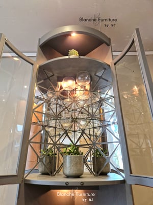 Image of Nathan Corner Drinks Cabinet unit with light in grey - with geometric styled mirrors