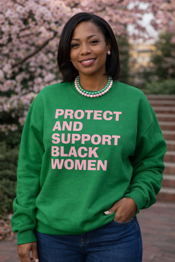 PROTECT & SUPPORT BLACK WOMEN CREWNECK SWEATSHIRT (PINK FONT)