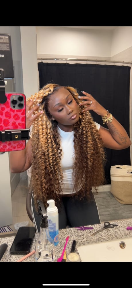 Image of Honey Blonde Curly Deepwave Frontal 30 Inch W/  Brown Roots