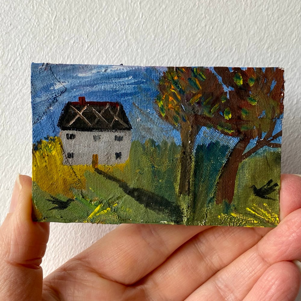 Image of Almost autumn by birch cottage - tiny painting