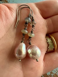Image 4 of pinkish baroque pearl and opal earrings