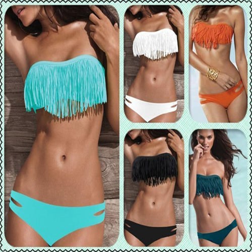 Image of 2 PIECS FRINGE BANDEAU PADDED BIKINI TOP AND BOTTOM SWIMSUIT