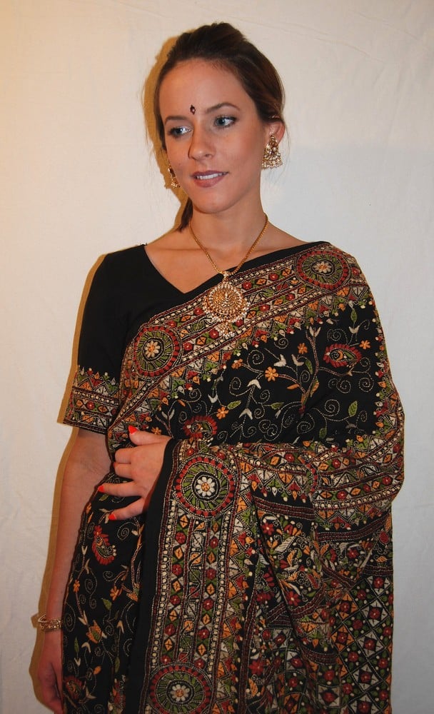 Image of Black Kantha Sari - Multicolored Embroidery 