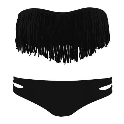 Image of 2 Piece Fringe Bandeau Cute Padded Bikini Black Bathing Suits for Women