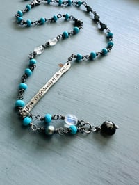 Image 3 of Tibetan turquoise necklace with hand engraved Saint Augustine quote bar pendant