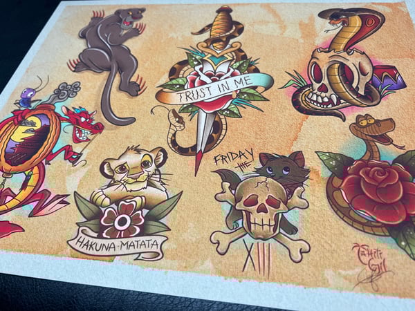 Image of Disney Inspired Traditional Tattoo Flash Sheet: D12 11x14