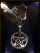 Image of Pewter Witch Broom Pentagram Pagan Wiccan Pentacle Keychain