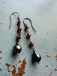 Image 3 of sterling silver ruby and Tahitian pearl dangle earrings by peacesofindigo