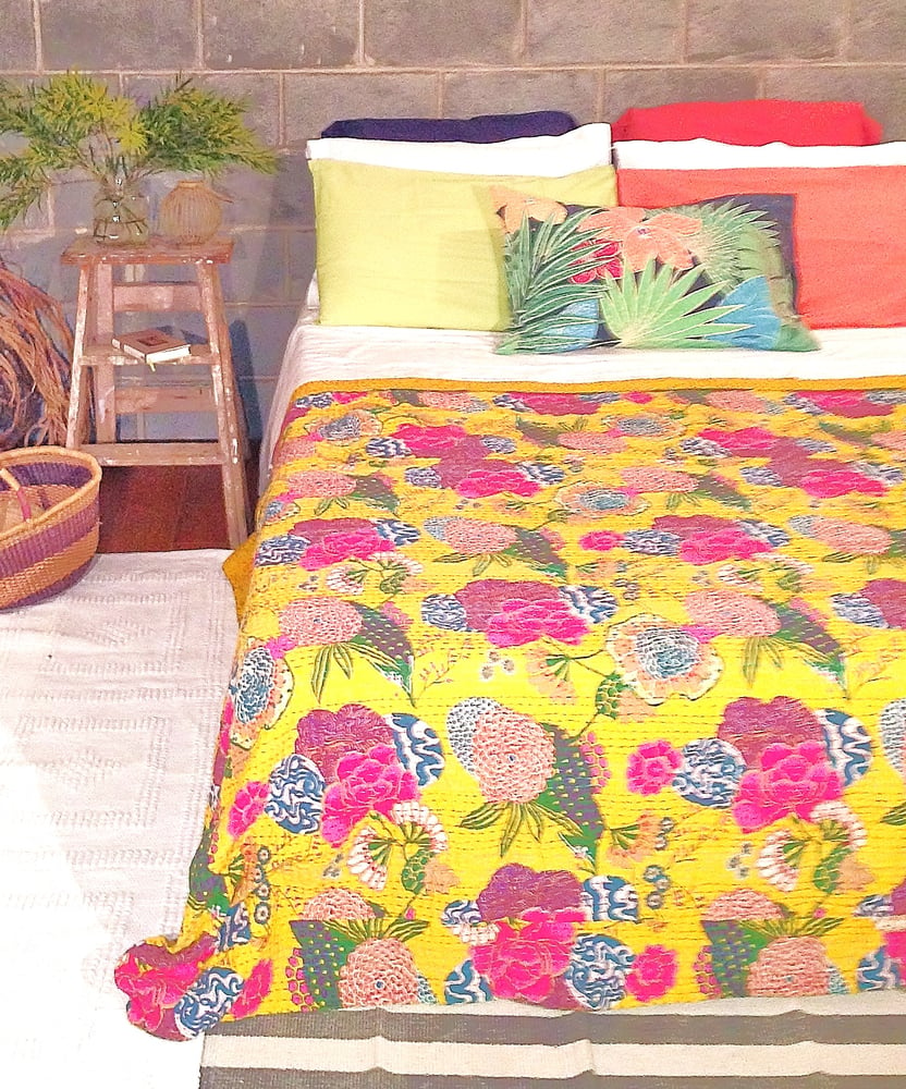 Image of Vintage Kantha Quilt Yellow