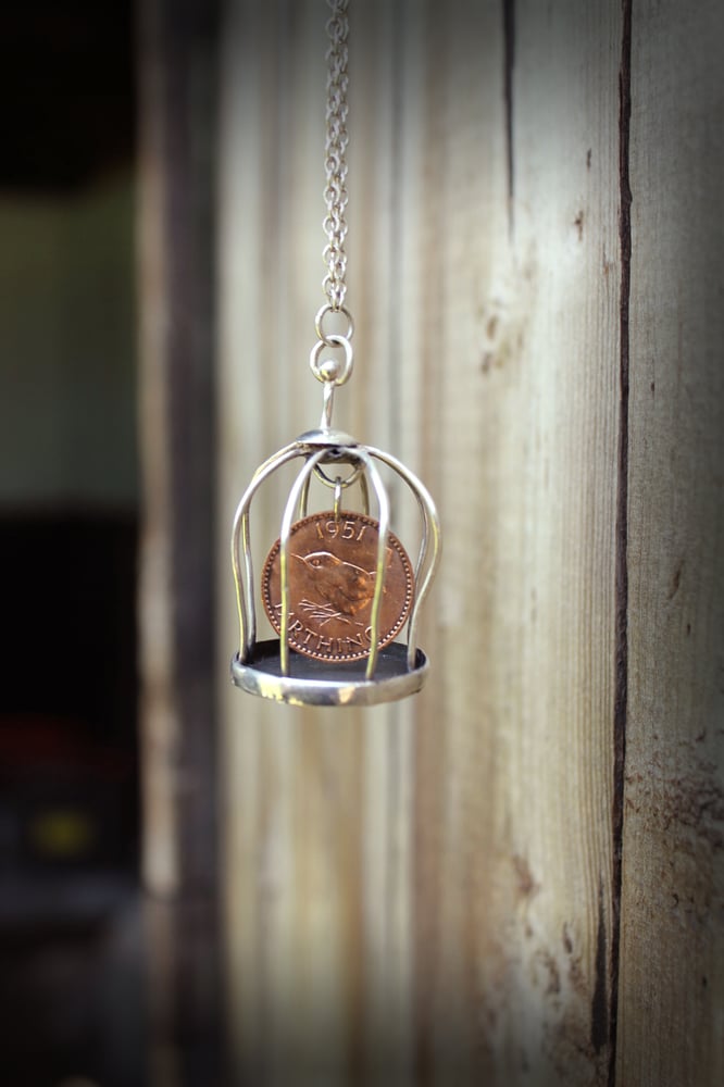 Image of Wren Farthing Birdcage Necklace On Long Silver Chain