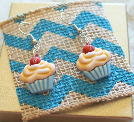 Image of Cupcake Earrings, Button Jewelry, Handmade