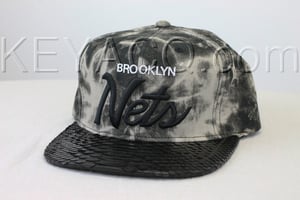 Image of Custom Brooklyn Nets Strapback, Black Acid Wash Denim, Black Python Belly, Black Lambskin