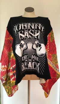 Image 1 of Upcycled “Johnny Cash: The Man in Black” vintage quilt poncho 