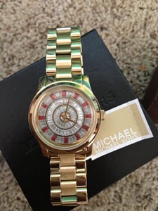 Image of Michael Kors MK5729 Mid Size Red Glitz Gold Tone Ladies Watch