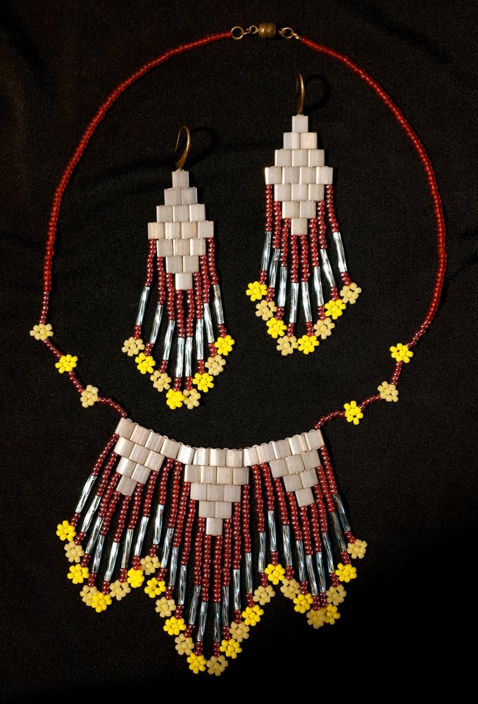 Image of Silver, red, and sky blue with flowers fringe necklace and/or earrings