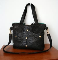 Image 1 of Black Embossed Repruposed Leather Satchel Bag