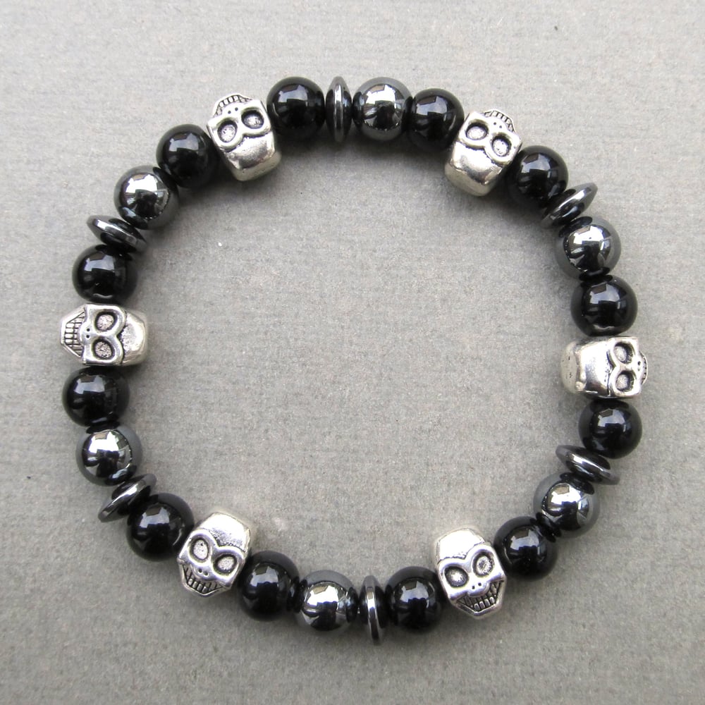 Image of Black Glass Mixed Skull And Hematite Beaded Bracelet 