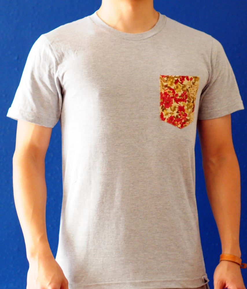 Image of Beige Floral Print on Gray Tee
