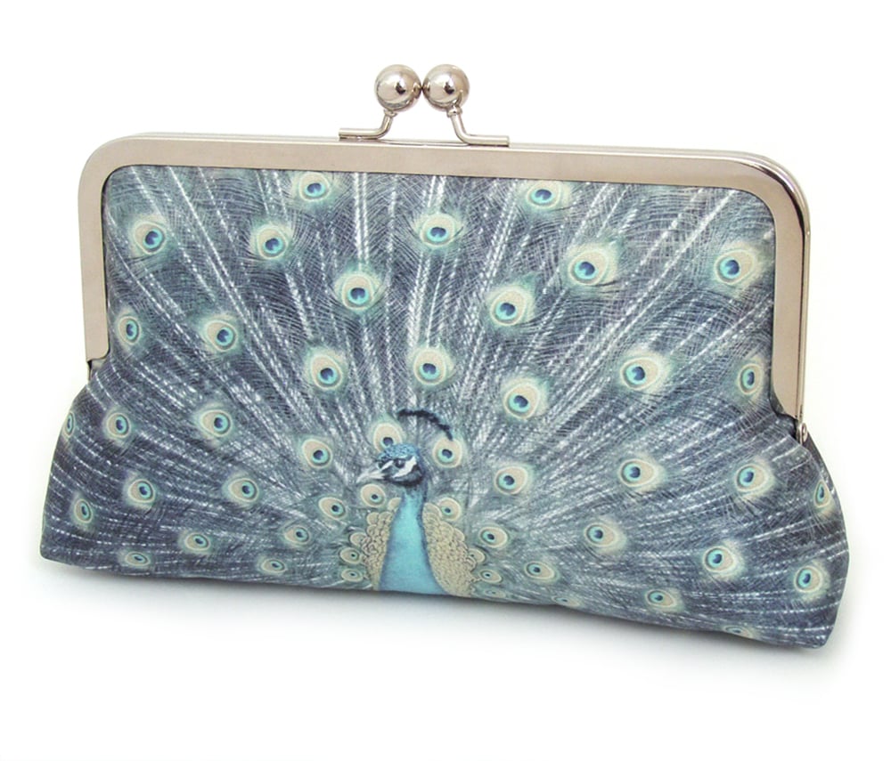 Image of Blue peacock, printed silk clutch bag with optional chain handle